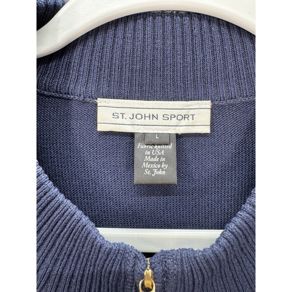 ST. JOHN Sport Wool Blend Cardigan Jacket Size Large Blue Red Full Zip Up Knit - Picture 4 of 8
